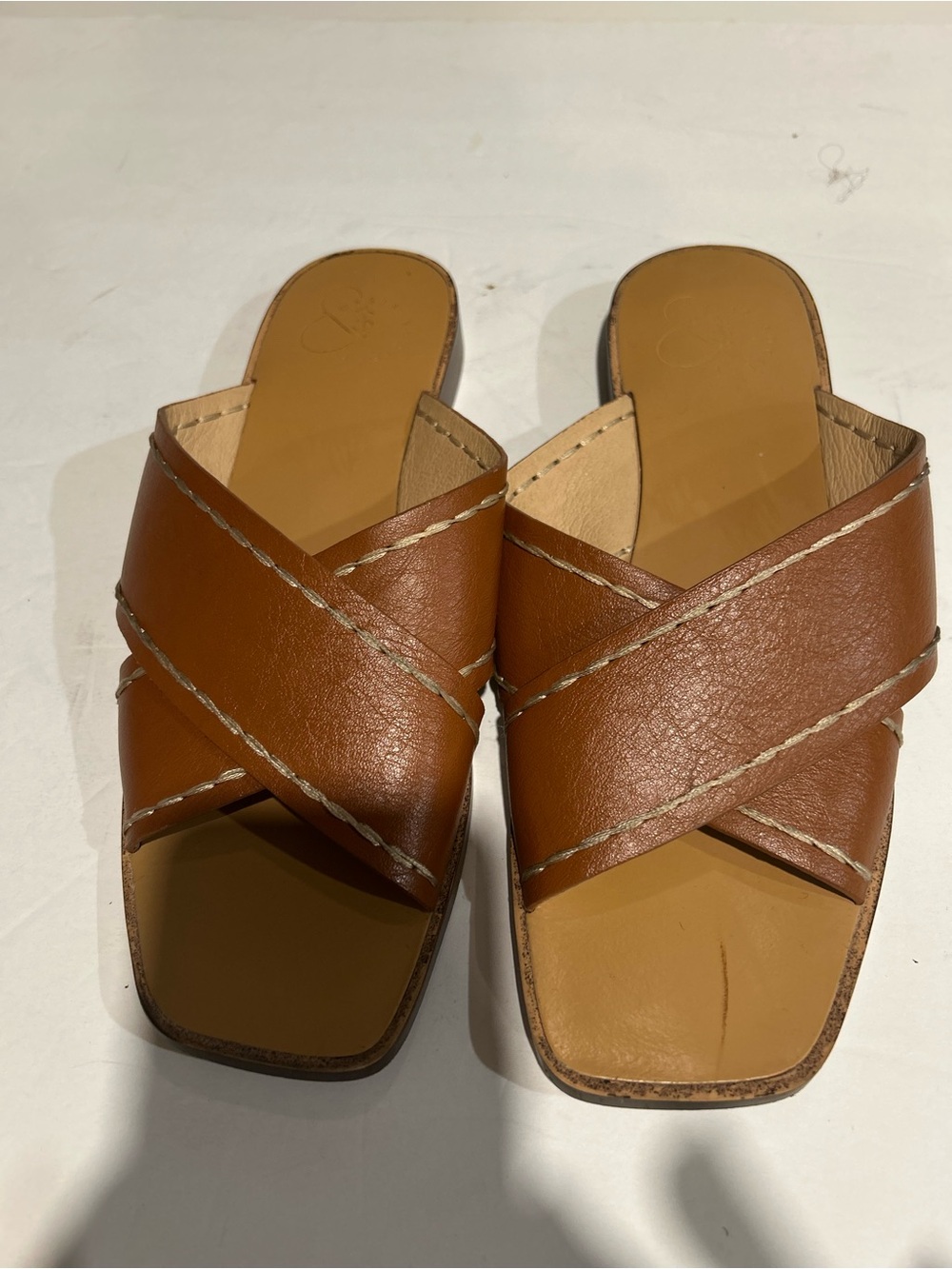 Oasis Society Tan Leather Cross-Strap Slide Mules